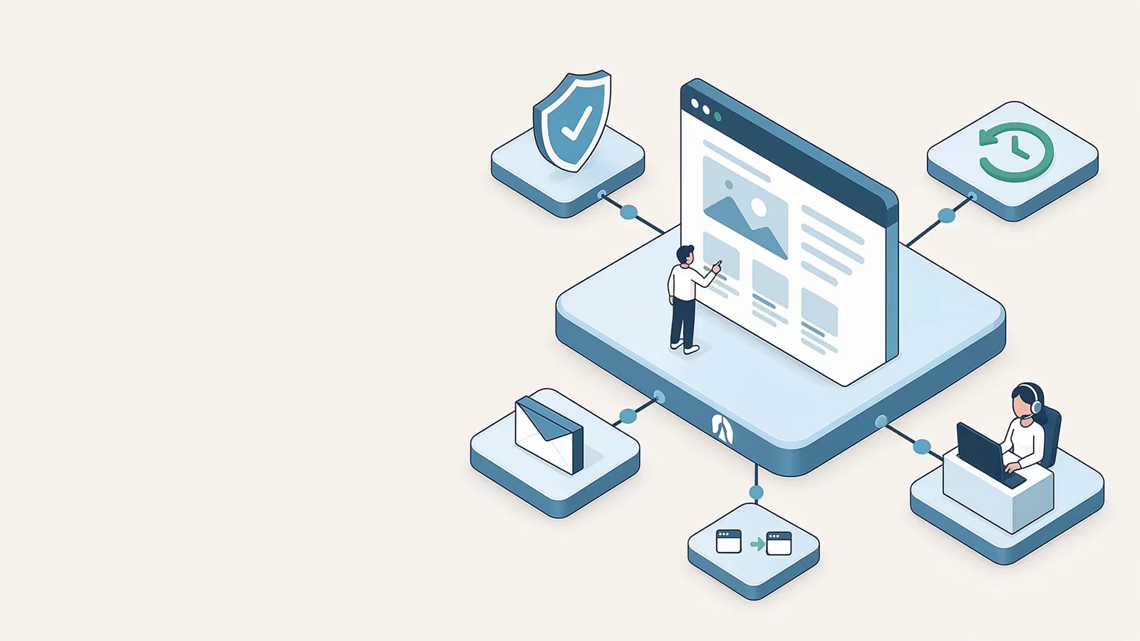 Calm isometric hosting platform with website, security, backup, email, and support elements