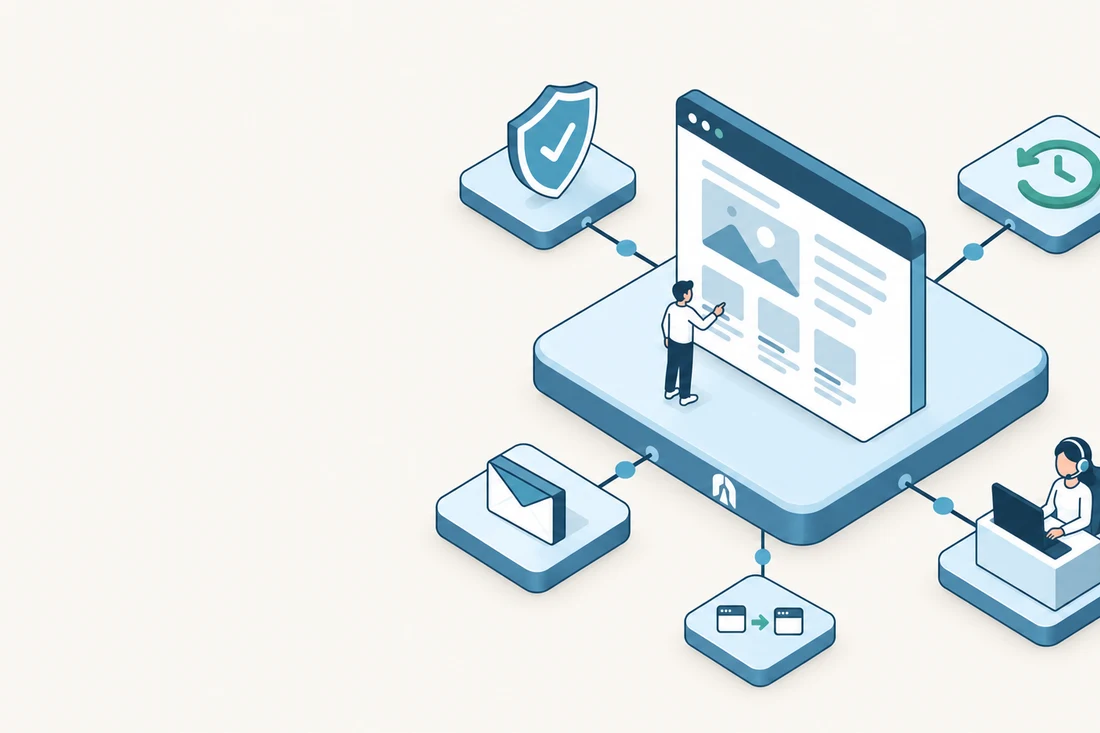 Illustration of a protected website with backups, email, migration, and human support connected around it