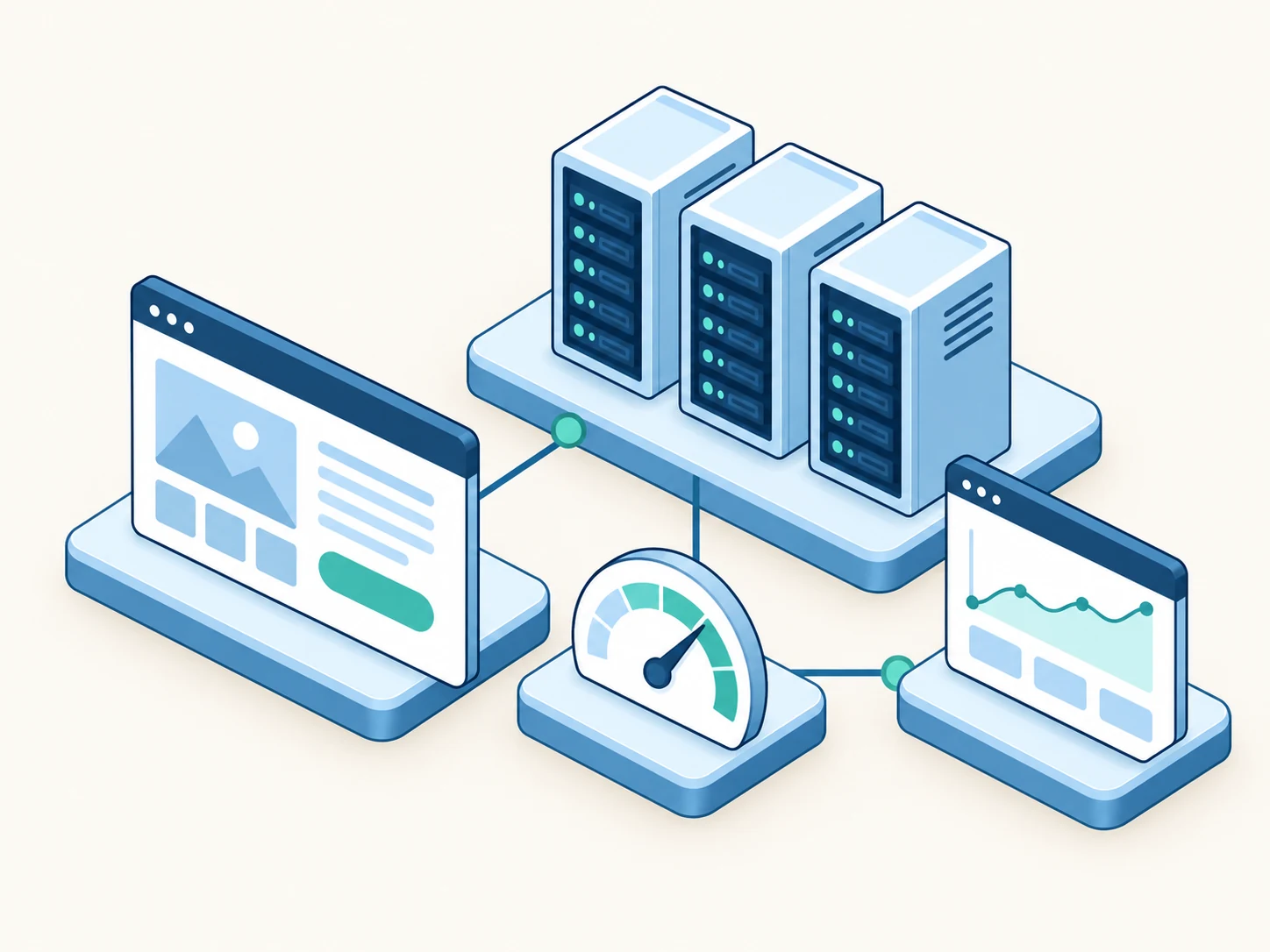 Website and performance monitor connected to three server cabinets.