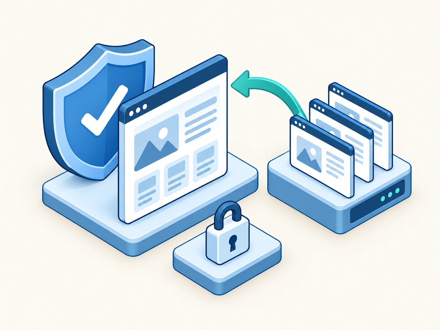 Website protected by a shield and lock, with saved backup snapshots ready to restore.